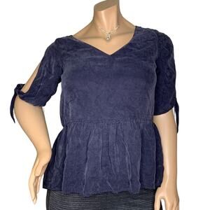 Paper Crown Tie Cuff Slit Sleeve Blouse Peplum Pullover Navy Blue Size L
